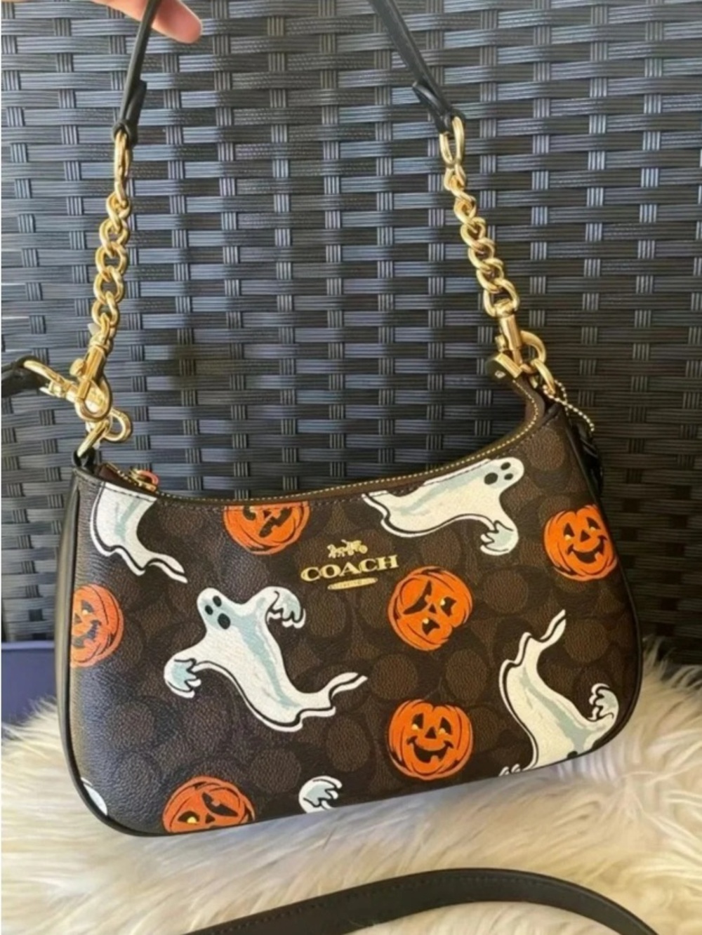 New Coach Bag Halloween Ghost & Pumpkin Shoulder Bag - Brown/Orange/White